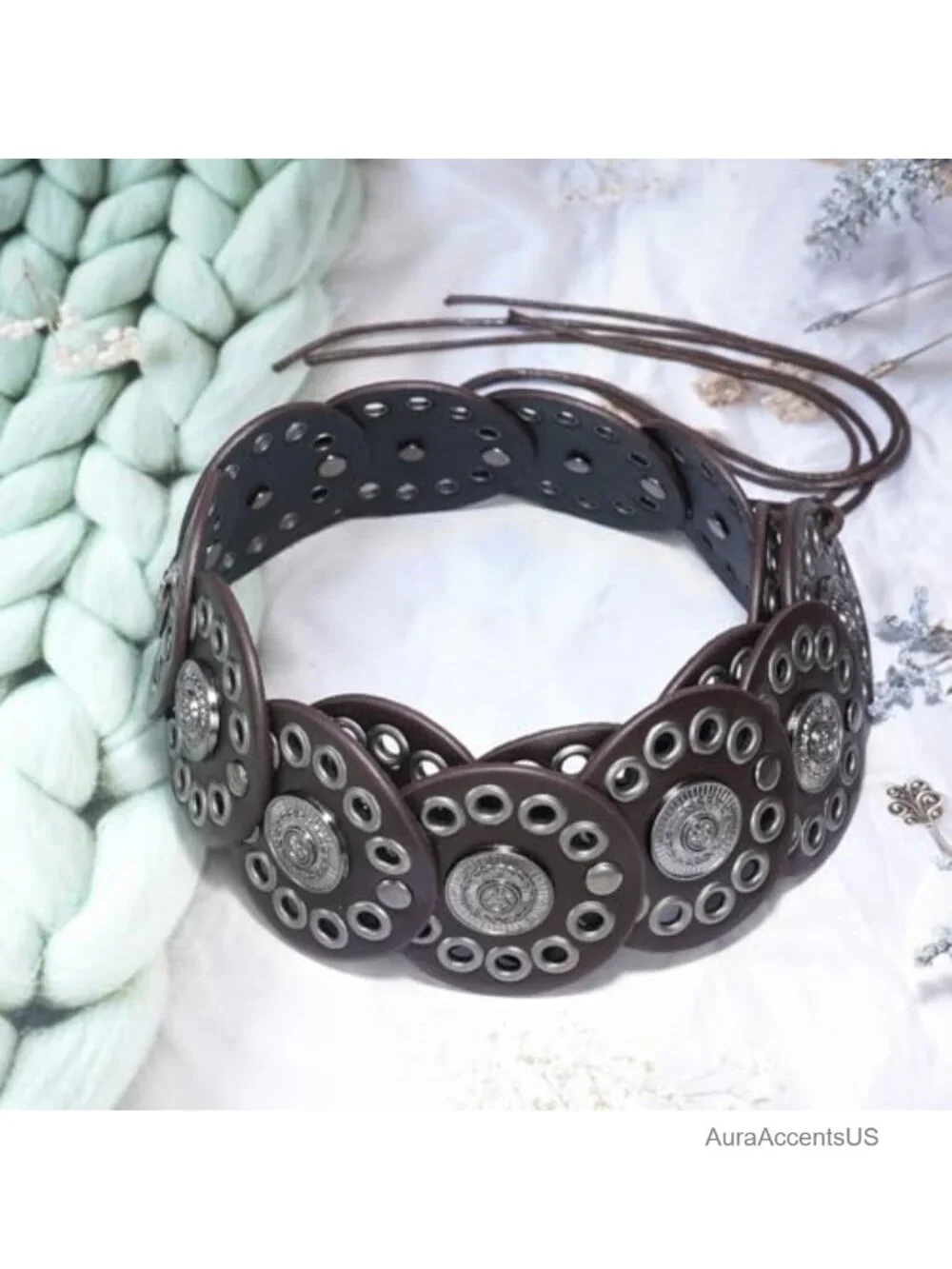 Women Western Disc Belt Boho PU Leather Concho Tie Waist Belt